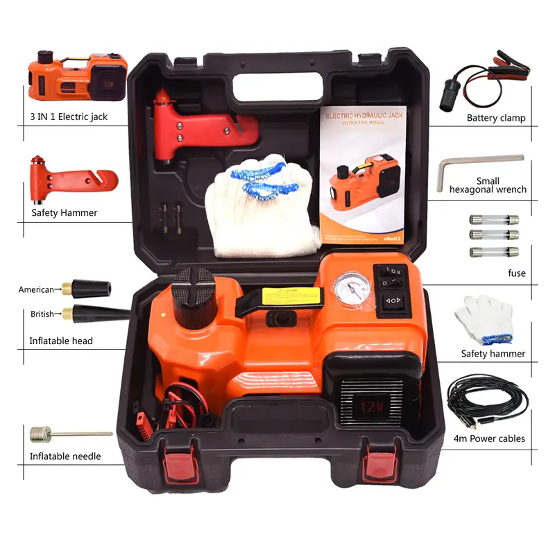 Open toolbox with the jack, safety hammer, gloves, nozzles, fuses and cables labelled