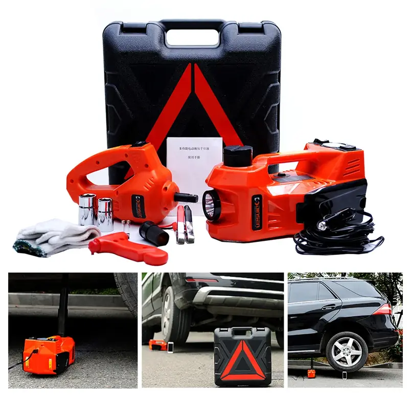 The jack and wrench kit, and the jack lifting an SUV