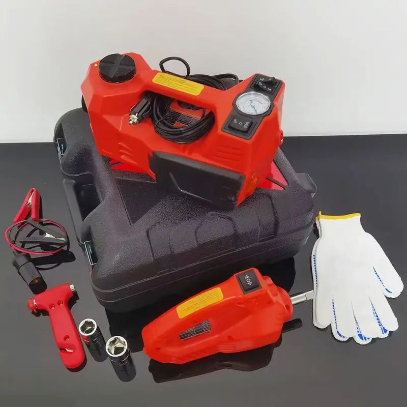 Jack with pressure gauge, impact wrench, sockets, safety hammer and gloves
